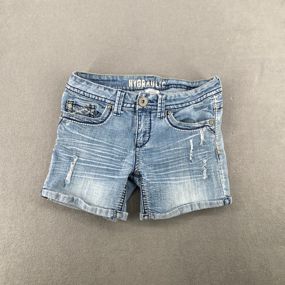 Hydraulic Jeans Distressed Denim Shorts Light Wash Embroidered Pockets Size 9/10
